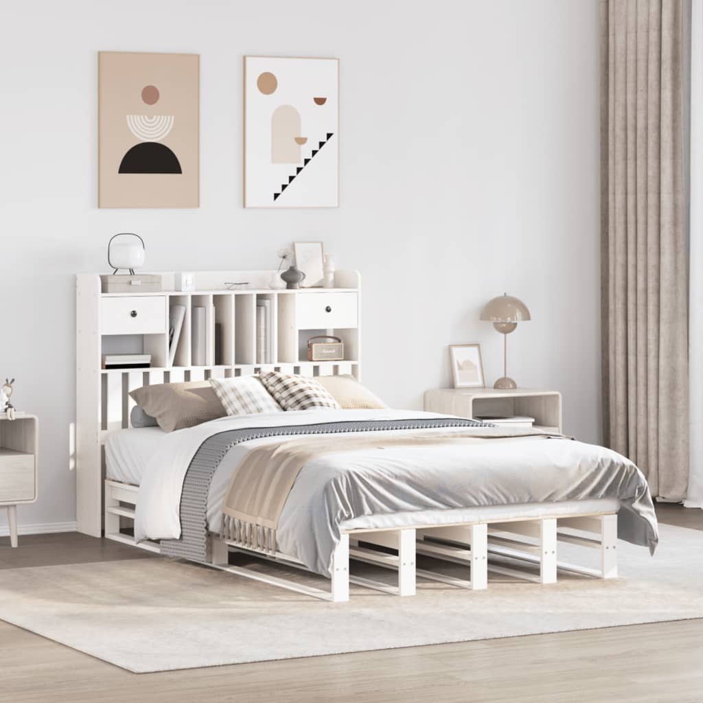 Lit en bois massif avec étagère sans matelas blanc 135x190 cm pin