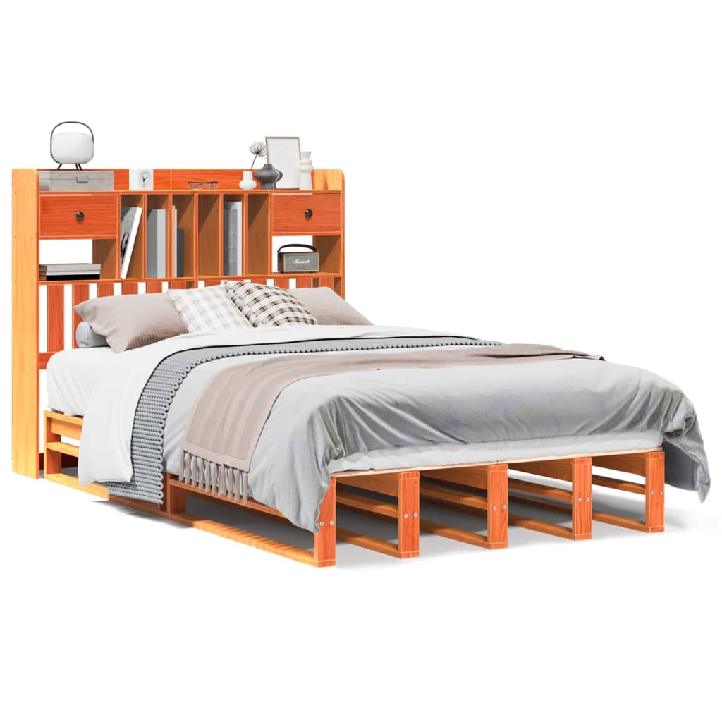 Lit en bois massif avec étagère sans matelas, marron ciré, 135x190 cm