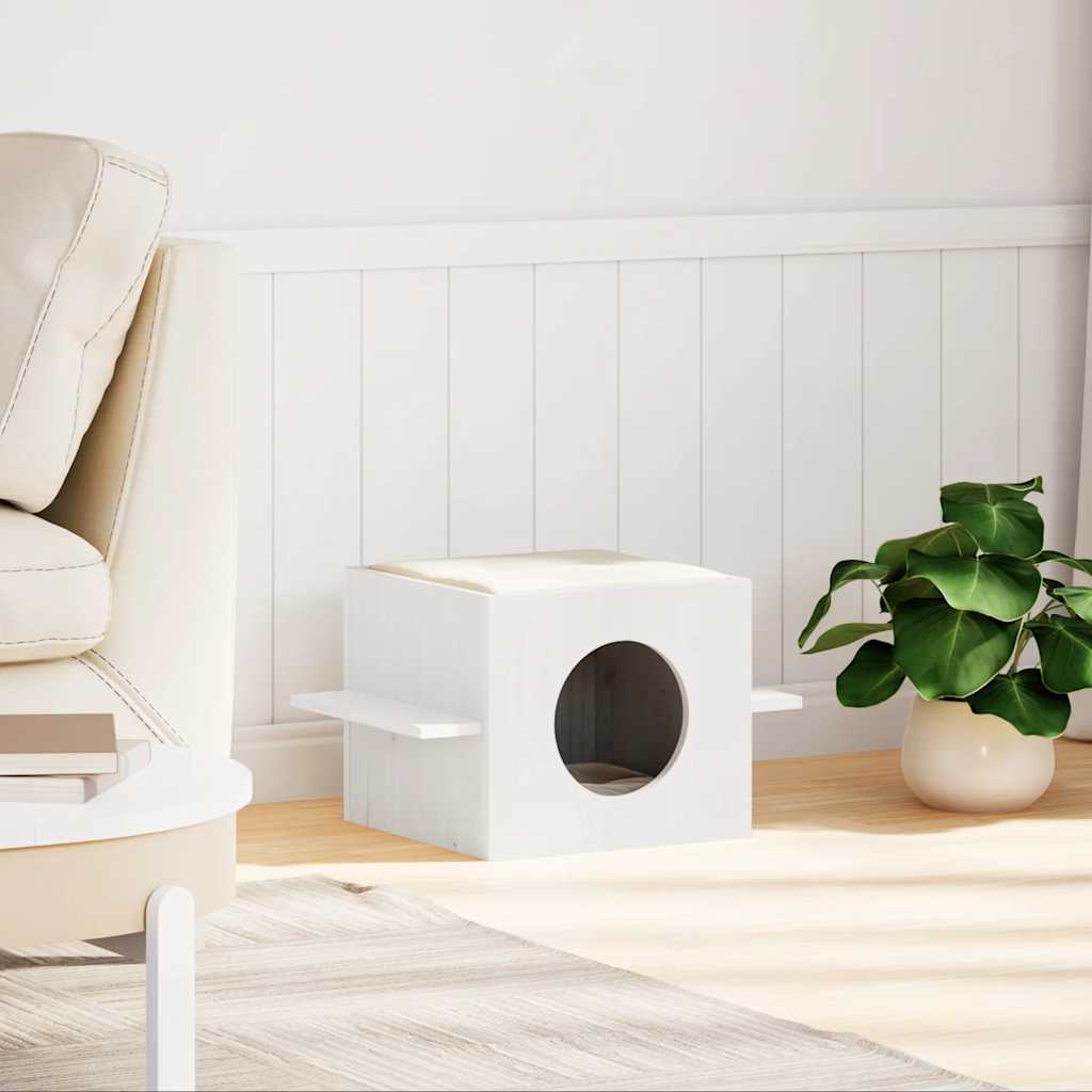 Cat house white 51x35x30 cm solid pine wood