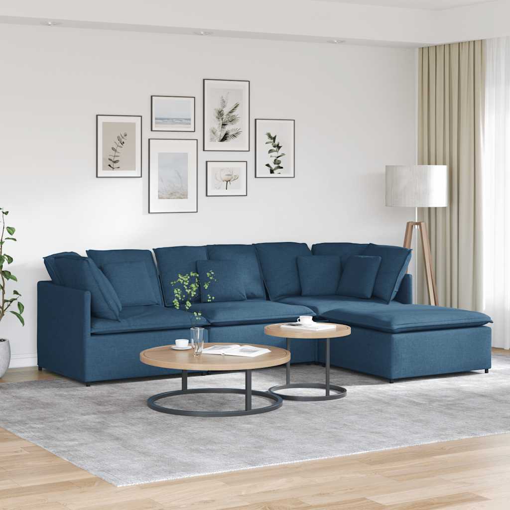 Modulares Sofa mit Fußhocker Kissen Stoff Blau