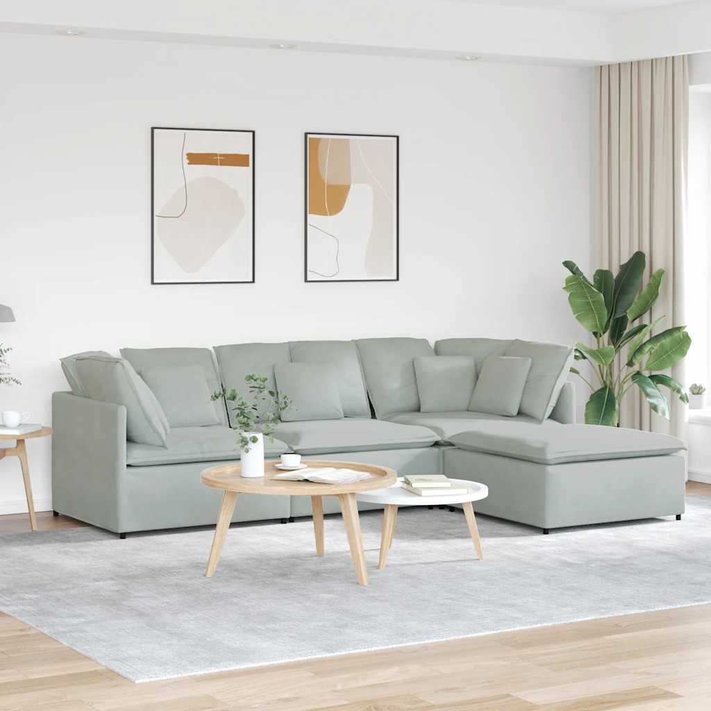 Canapé modulable avec coussin repose-pieds en velours gris clair