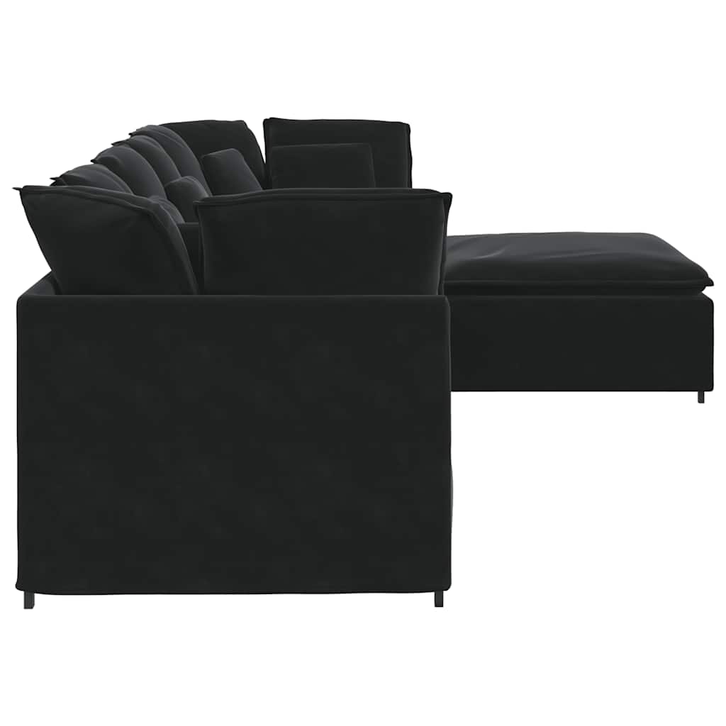 Modulares Sofa mit Fußhocker Kissen Samt Schwarz