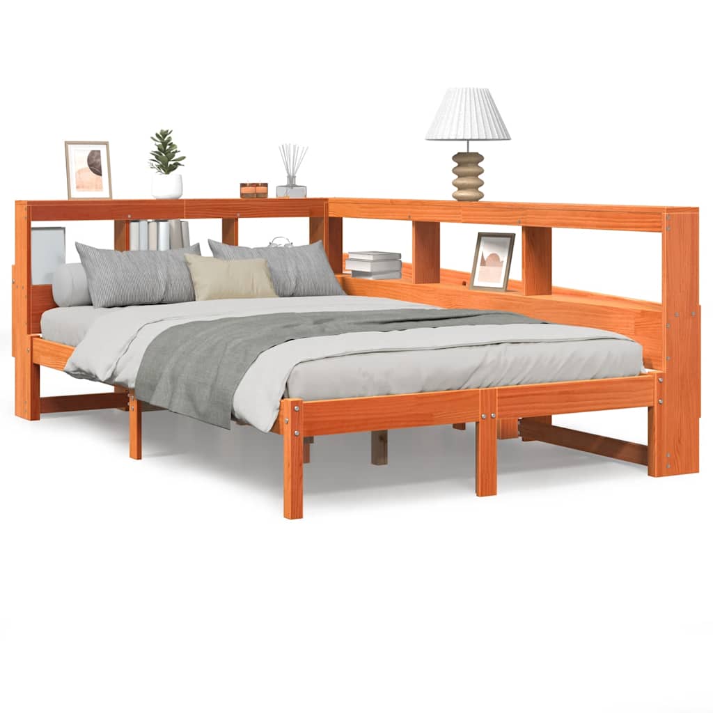 Massivholzbett mit Regal ohne Matratze Wachsbraun 135x190 cm
