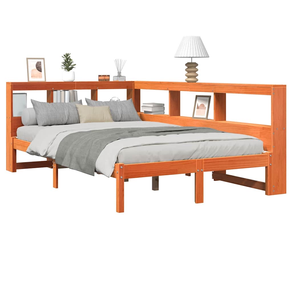 Massivholzbett mit Regal ohne Matratze Wachsbraun 135x190 cm