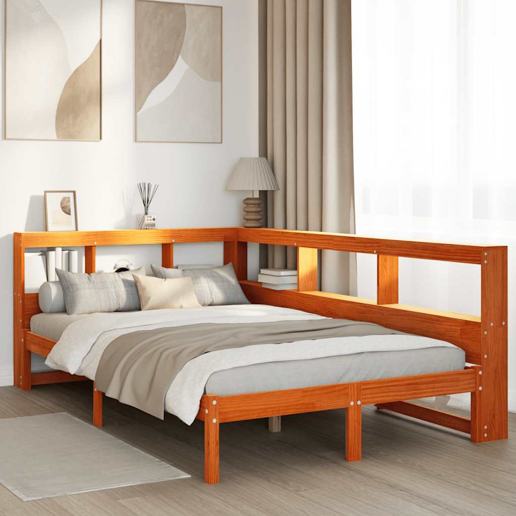 Massivholzbett mit Regal ohne Matratze Wachsbraun 135x190 cm