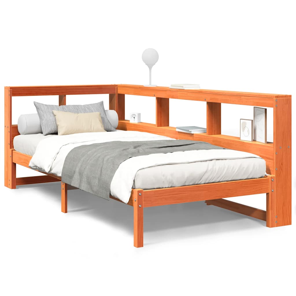Lit en bois massif avec étagère sans matelas ciré marron 75x190 cm
