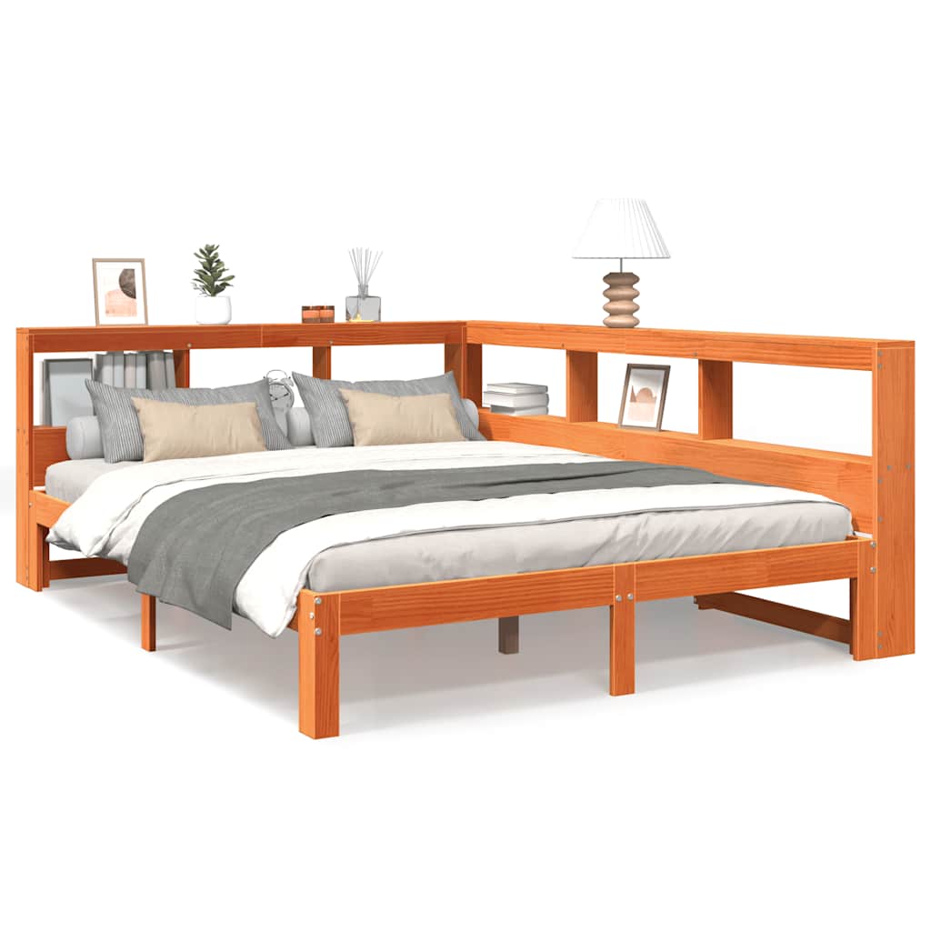 Massivholzbett mit Regal ohne Matratze Wachsbraun 140x200 cm