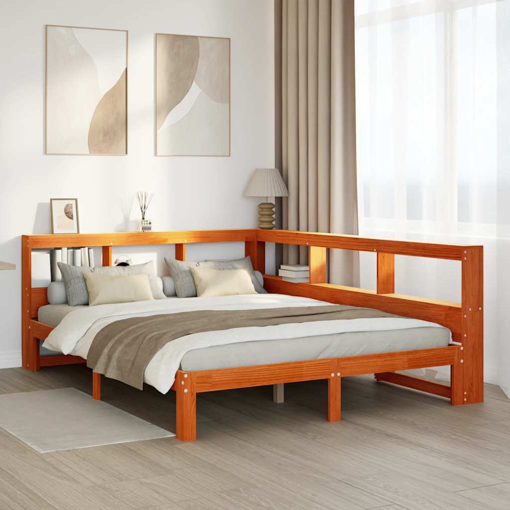 Massivholzbett mit Regal ohne Matratze Wachsbraun 140x200 cm
