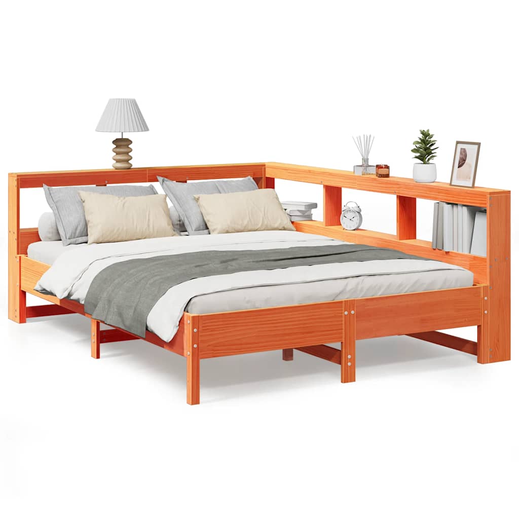 Massivholzbett mit Regal ohne Matratze Wachsbraun 140x200 cm