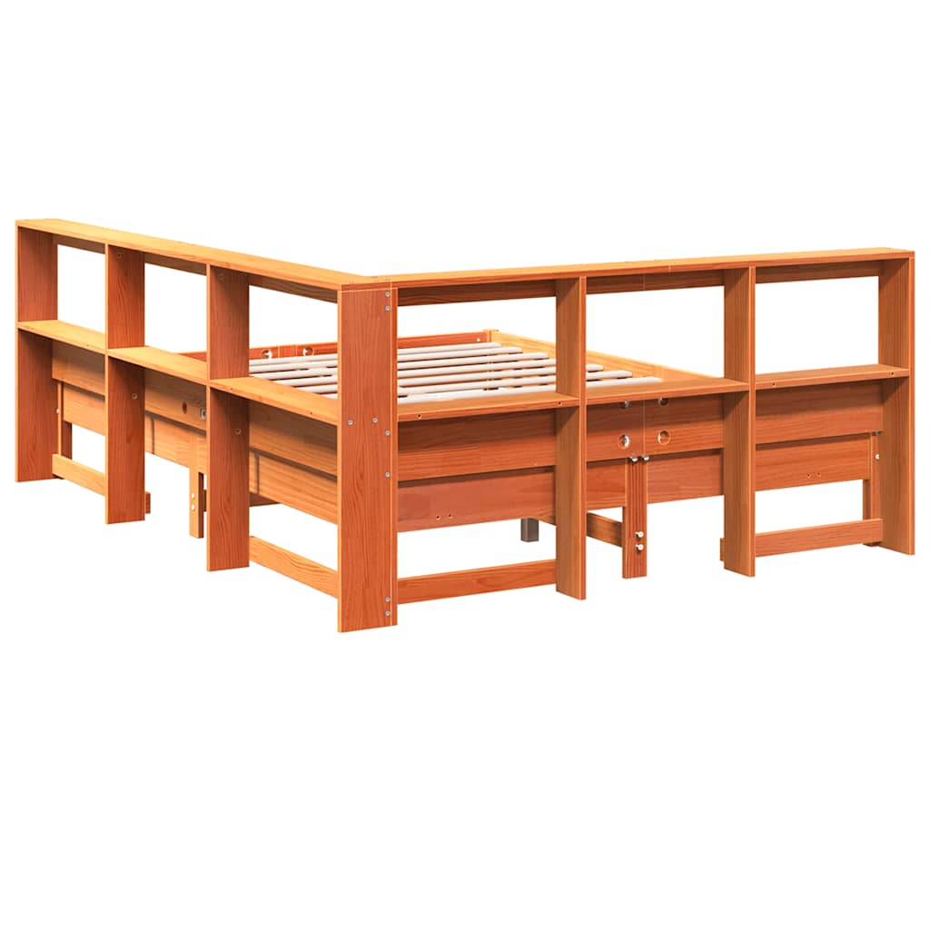 Massivholzbett mit Regal ohne Matratze Wachsbraun 140x200 cm
