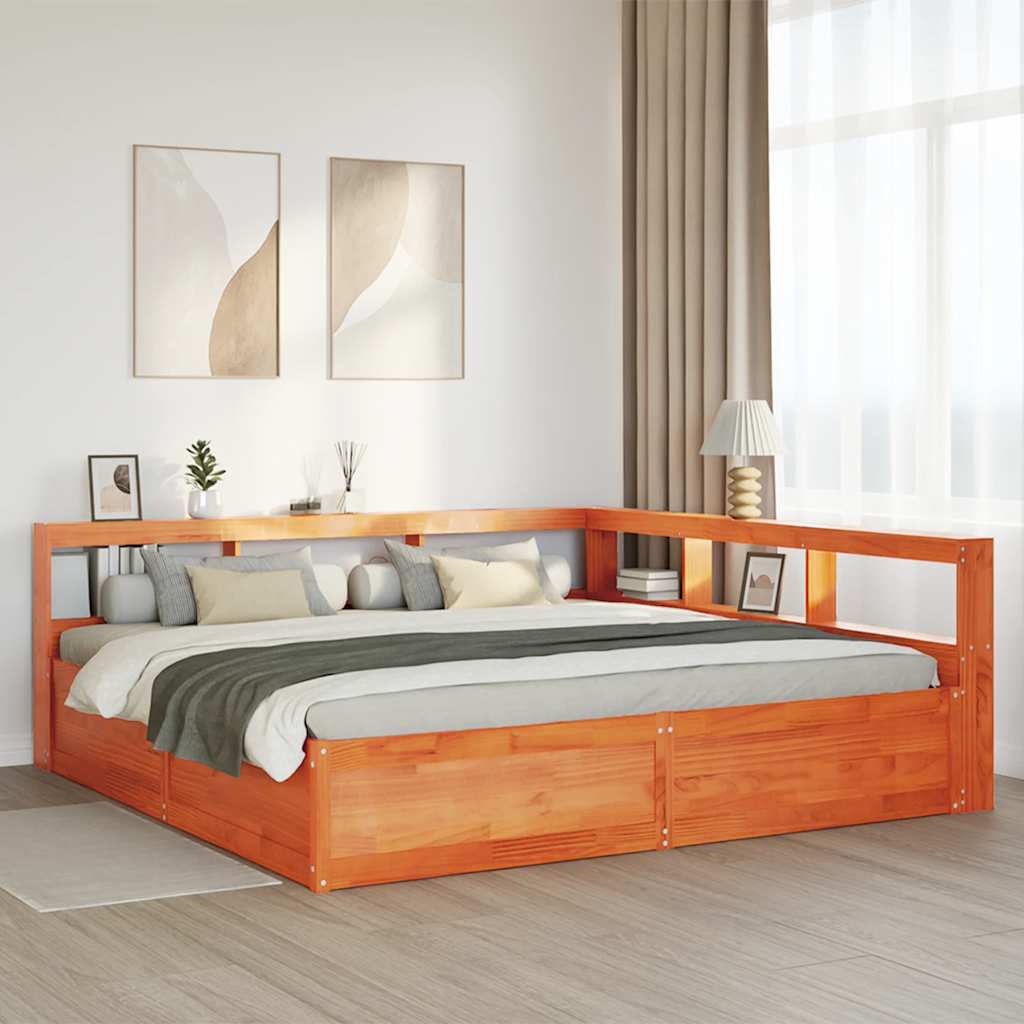 Massivholzbett mit Regal ohne Matratze Wachsbraun 200x200 cm