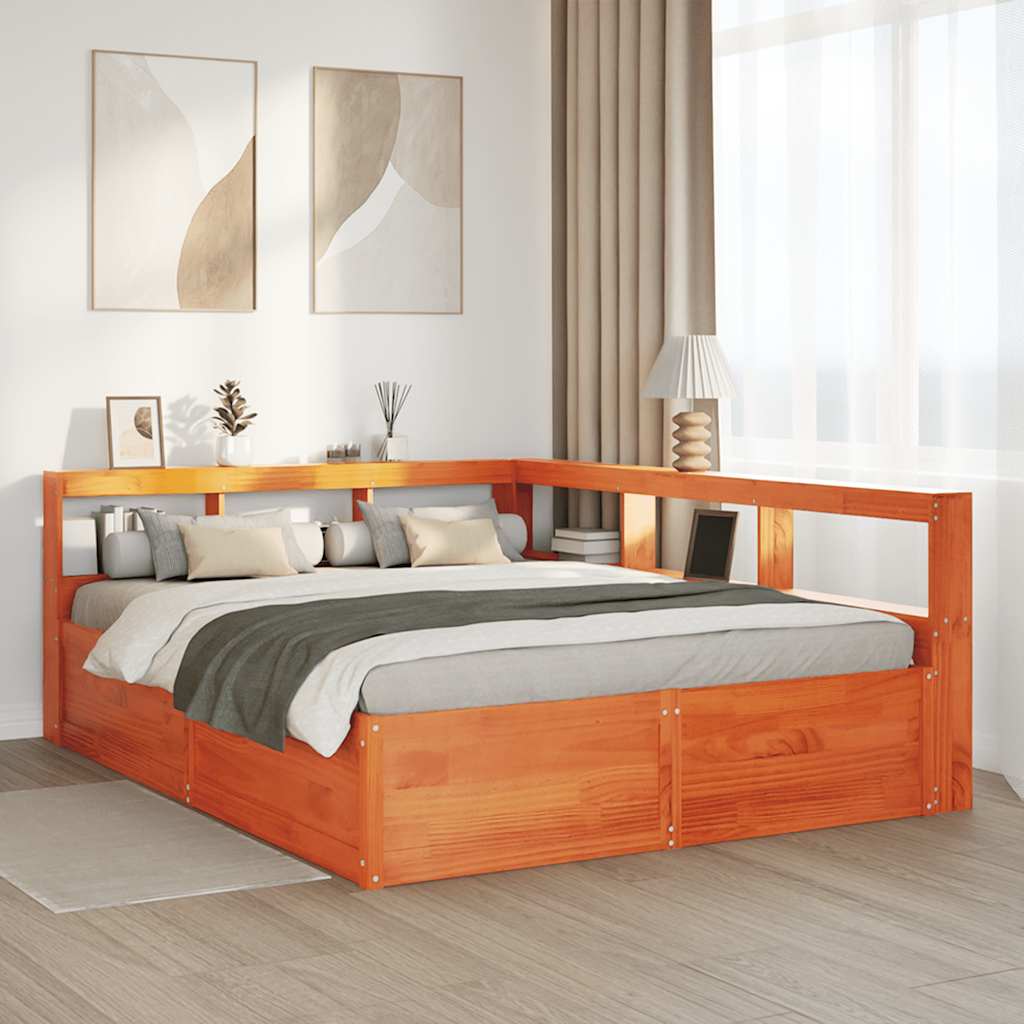 Massivholzbett mit Regal ohne Matratze Wachsbraun 160x200 cm