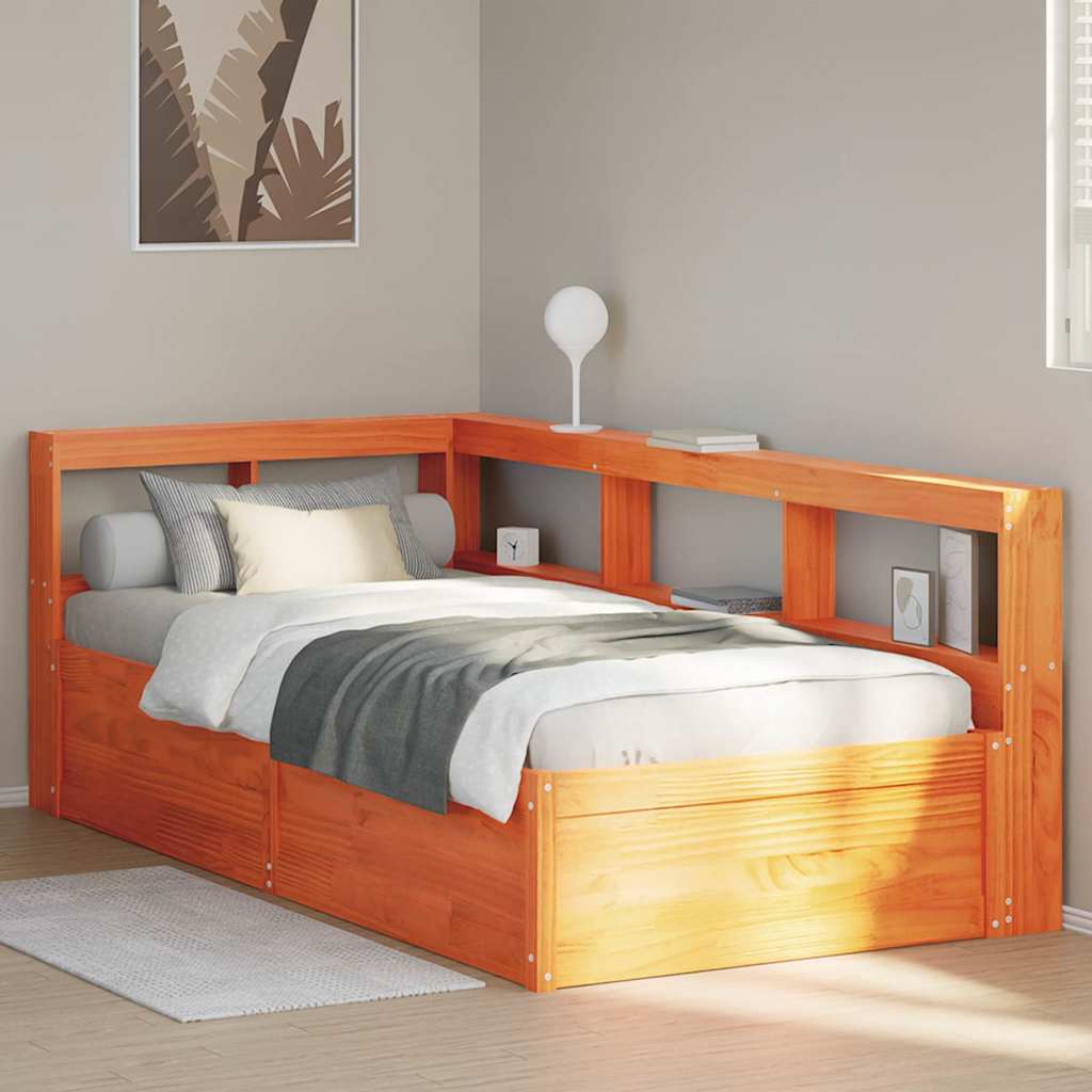 Massivholzbett mit Regal ohne Matratze Wachsbraun 90x190 cm
