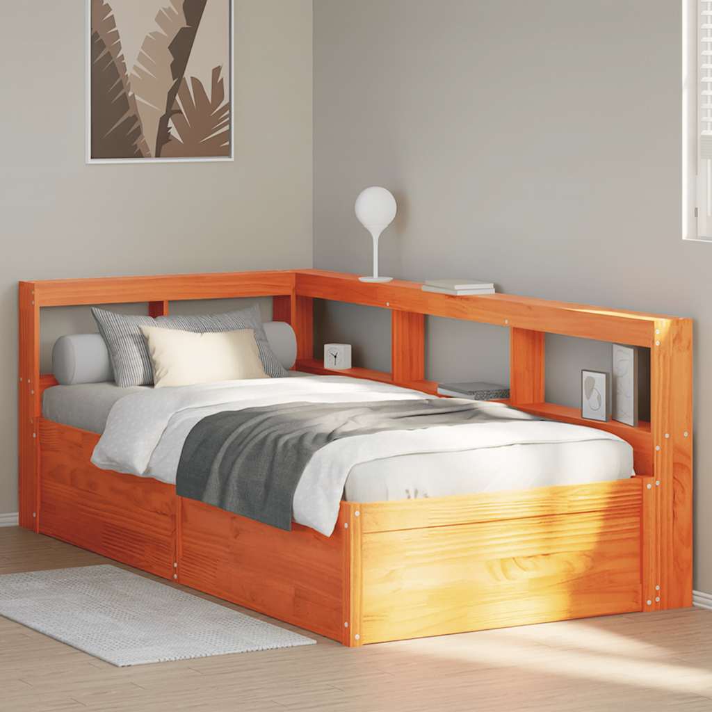 Lit en bois massif avec étagère sans matelas ciré marron 75x190 cm