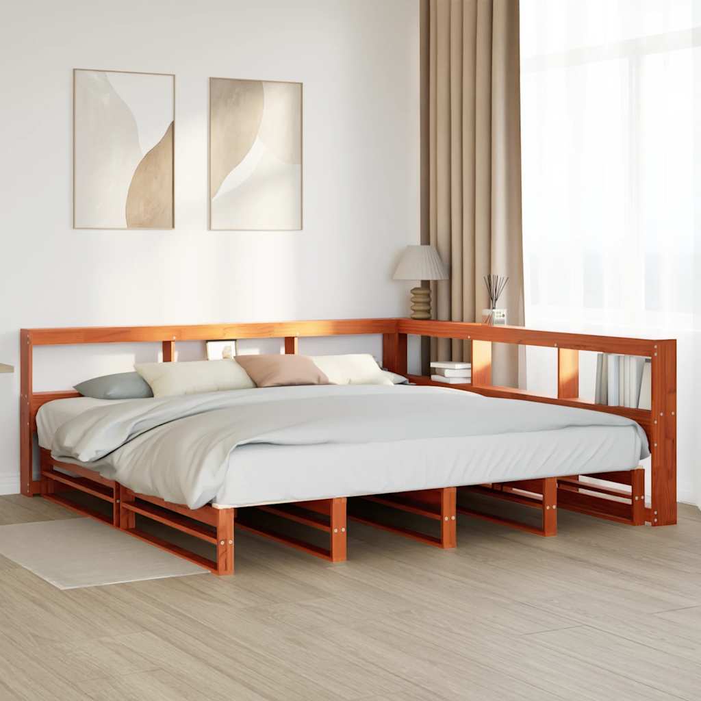 Massivholzbett mit Regal ohne Matratze Wachsbraun 200x200 cm