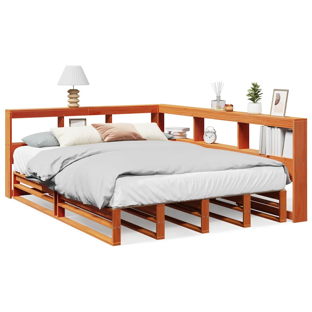 Massivholzbett mit Regal ohne Matratze Wachsbraun 140x200 cm
