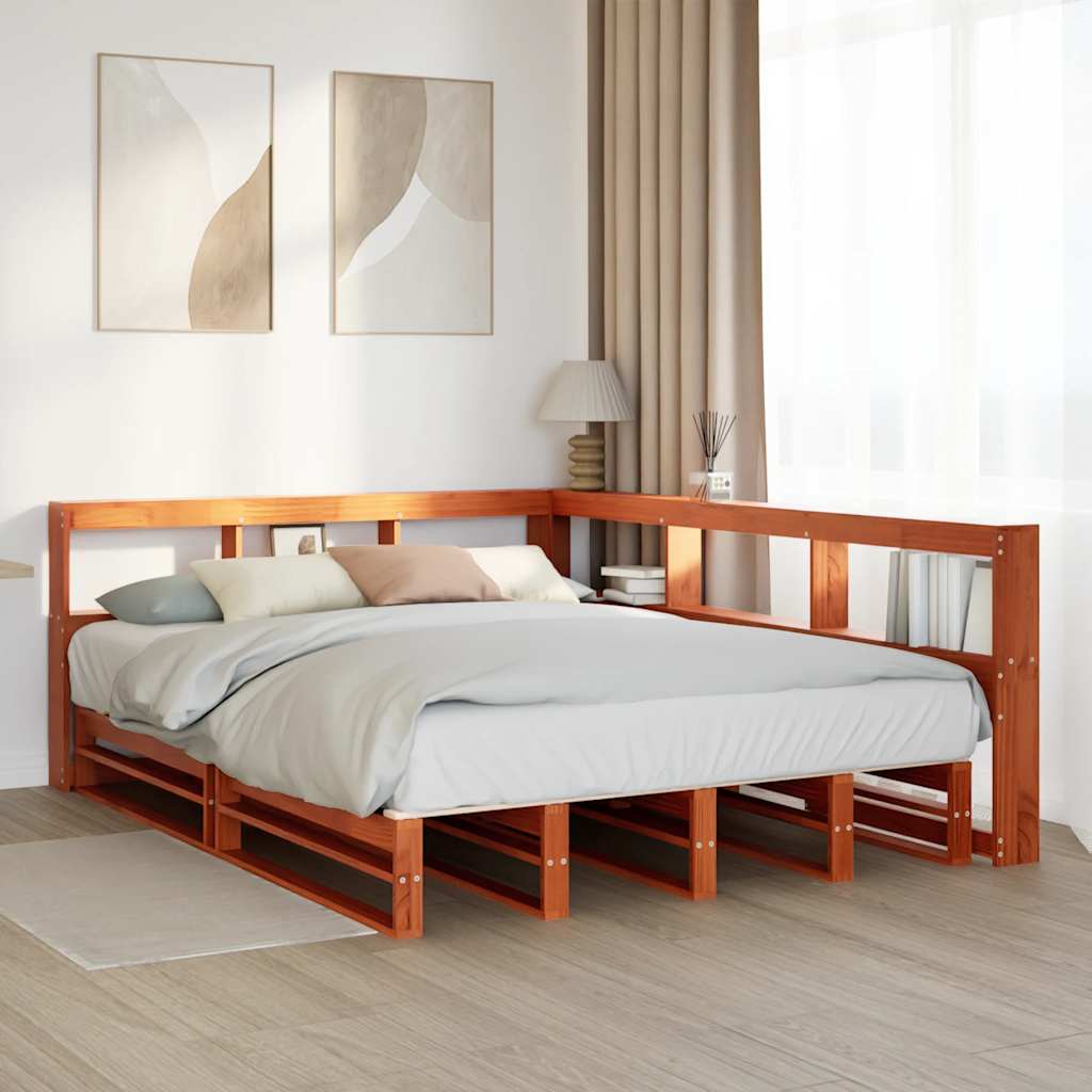 Massivholzbett mit Regal ohne Matratze Wachsbraun 140x200 cm