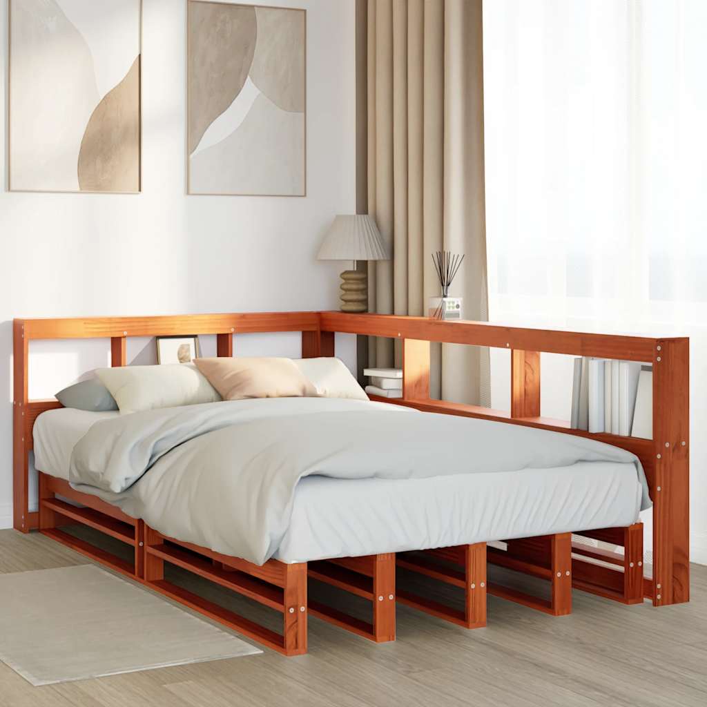 Lit en bois massif avec étagère sans matelas ciré marron 120x190 cm