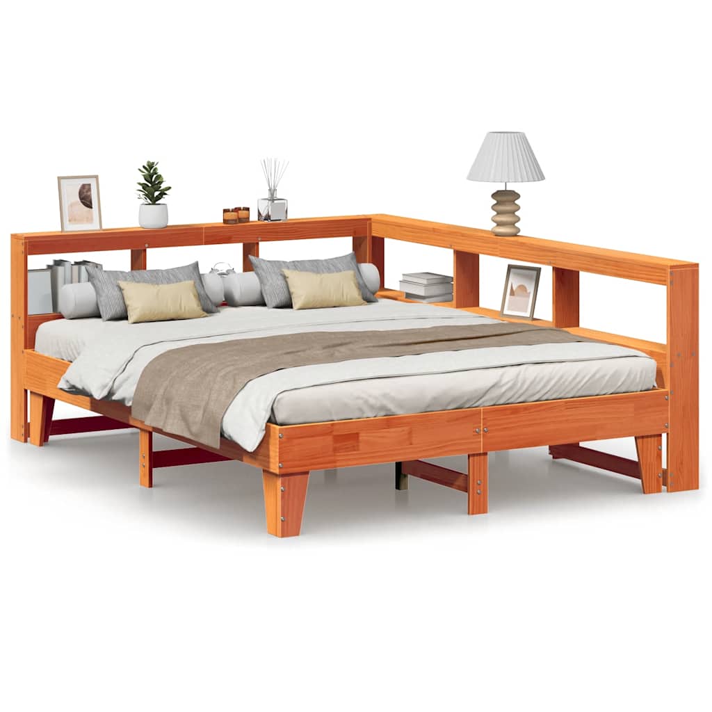 Massivholzbett mit Regal ohne Matratze Wachsbraun 140x200 cm