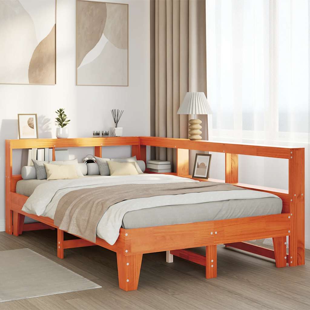 Massivholzbett mit Regal ohne Matratze Wachsbraun 135x190 cm
