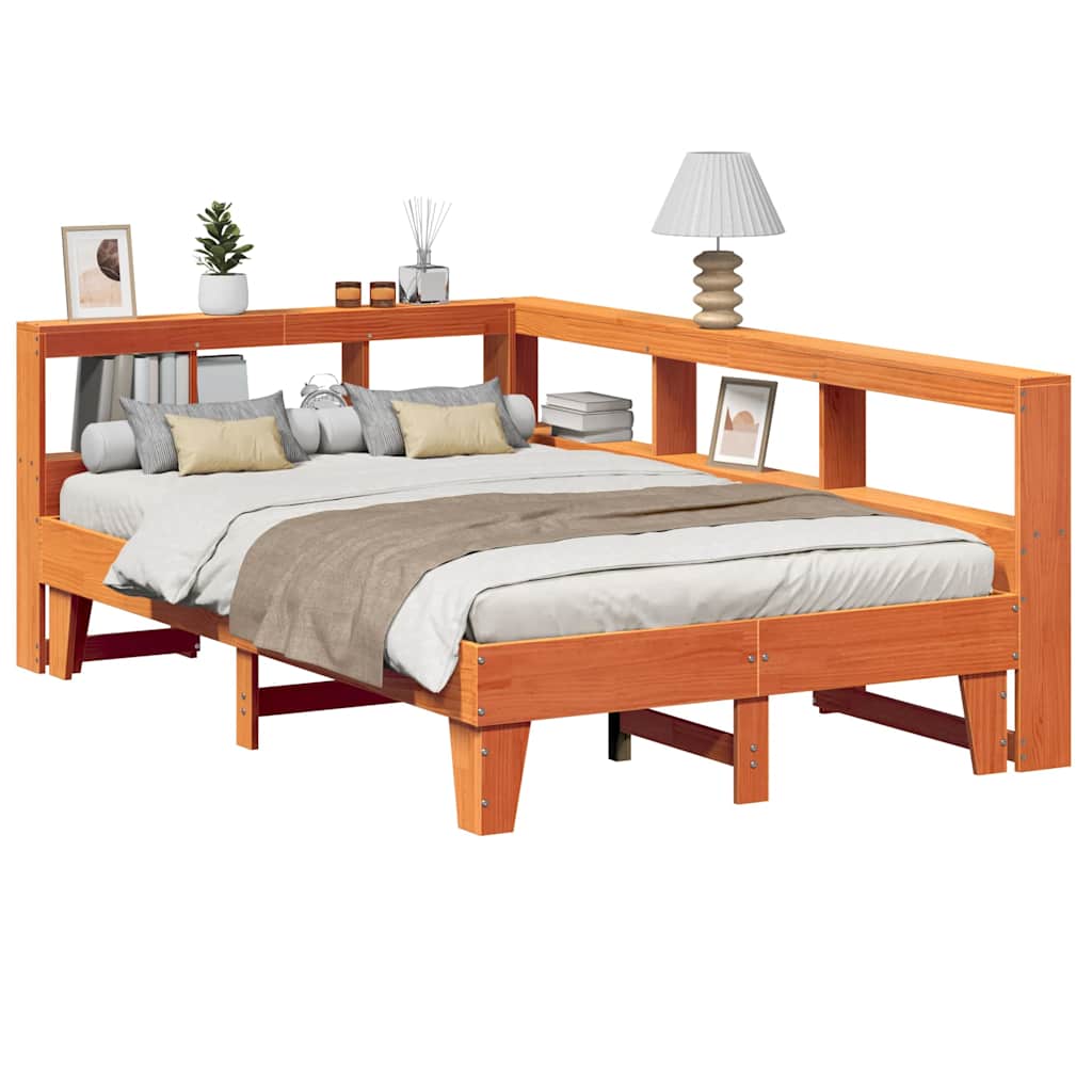 Massivholzbett mit Regal ohne Matratze Wachsbraun 135x190 cm
