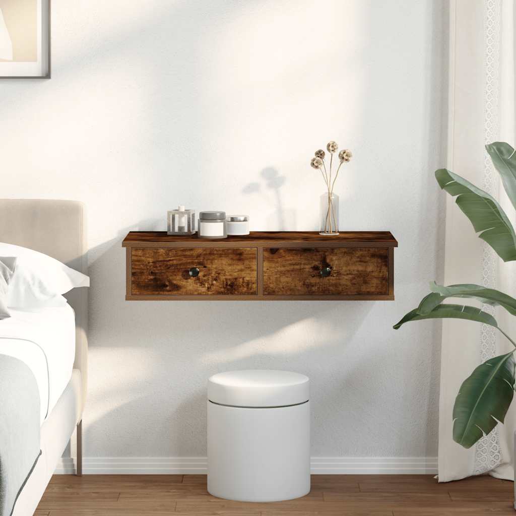 Wall shelf with drawers smoked oak 80x31x17 cm wood material