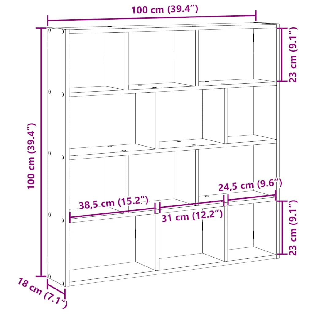 Cube shelf 12 compartments concrete grey wood material