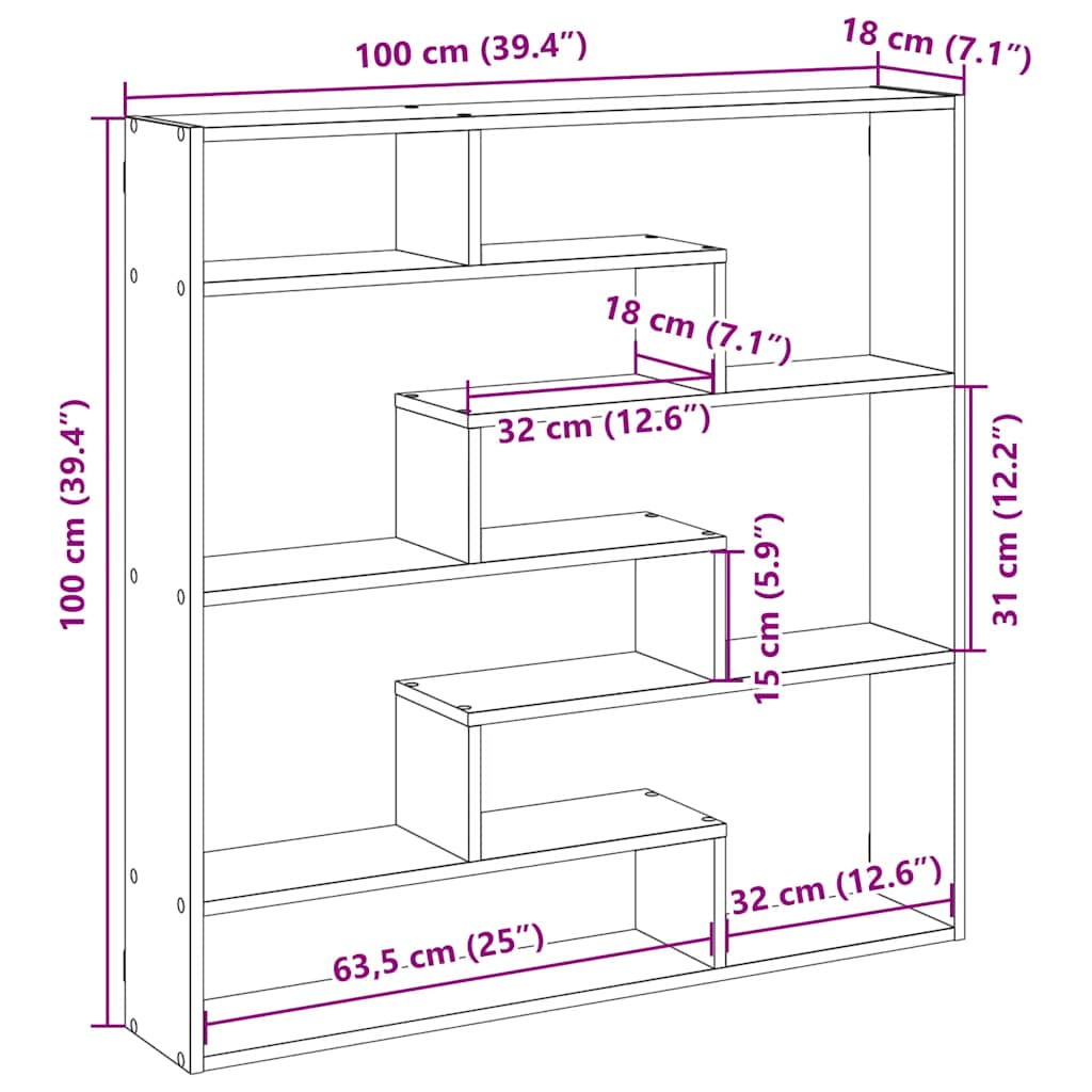 Cube shelf 7 compartments concrete grey wood material