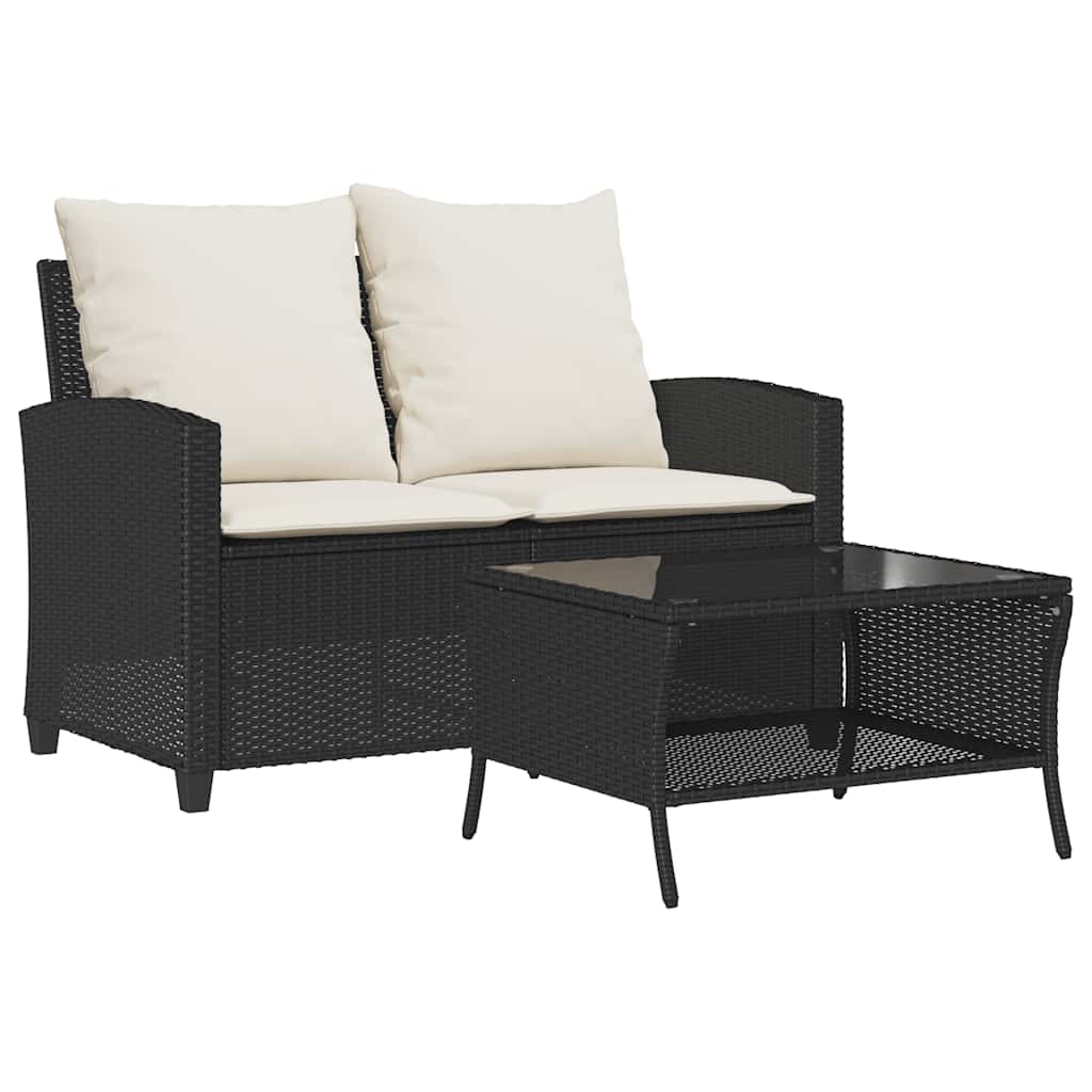 2-seater garden sofa with cushions & table black poly rattan