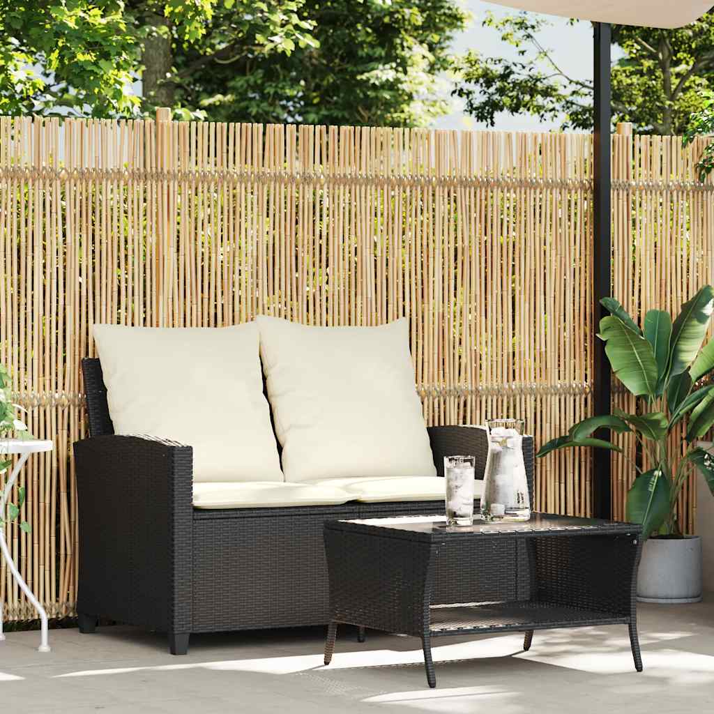 2-seater garden sofa with cushions & table black poly rattan