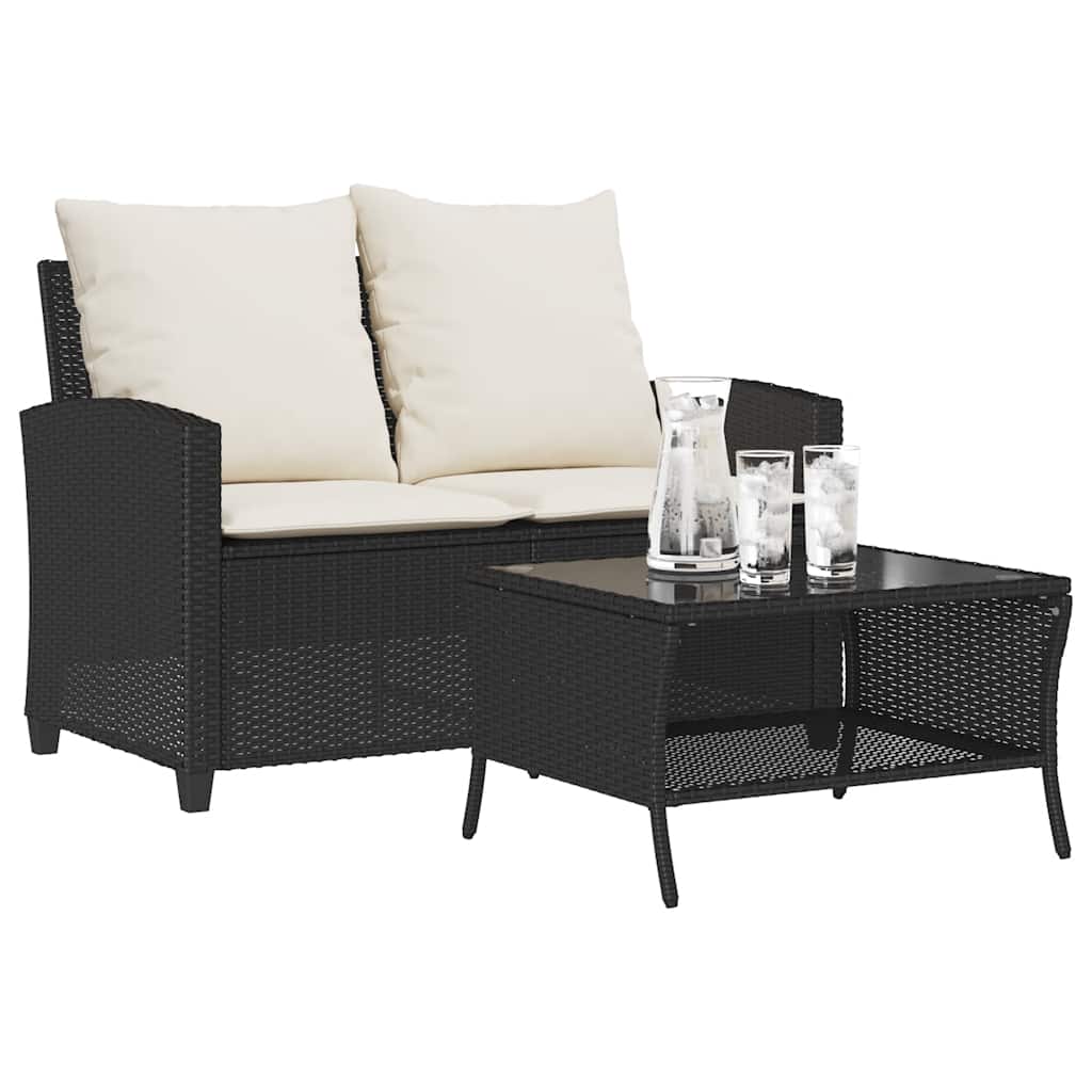 2-seater garden sofa with cushions & table black poly rattan