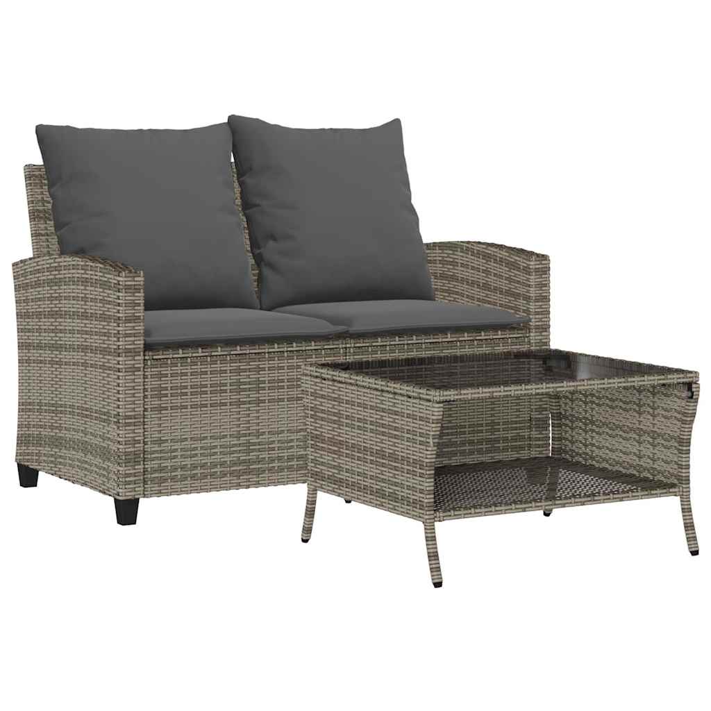 2-seater garden sofa with cushions & table grey poly rattan