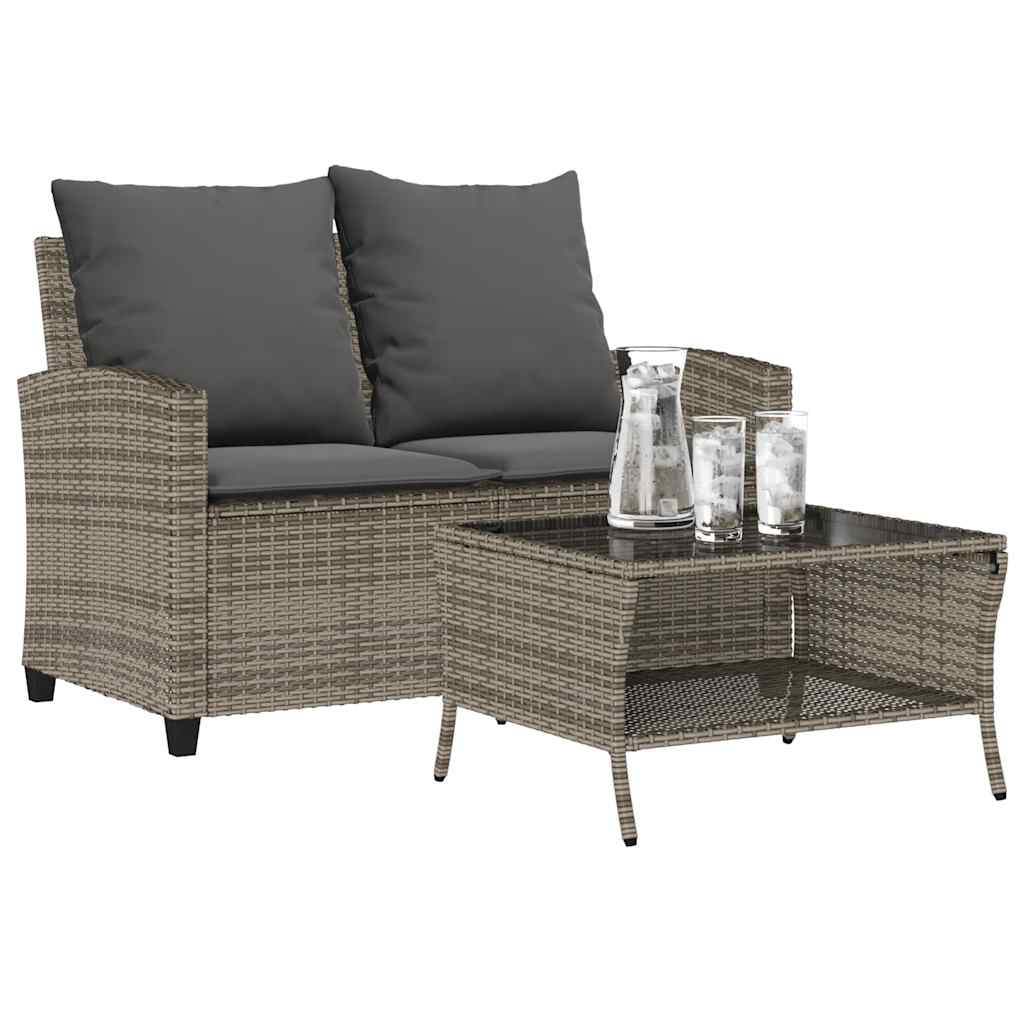 2-seater garden sofa with cushions & table grey poly rattan