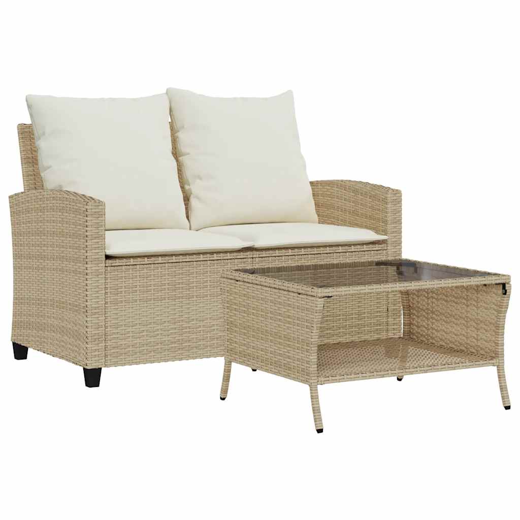 2-seater garden sofa with cushions & table beige poly rattan