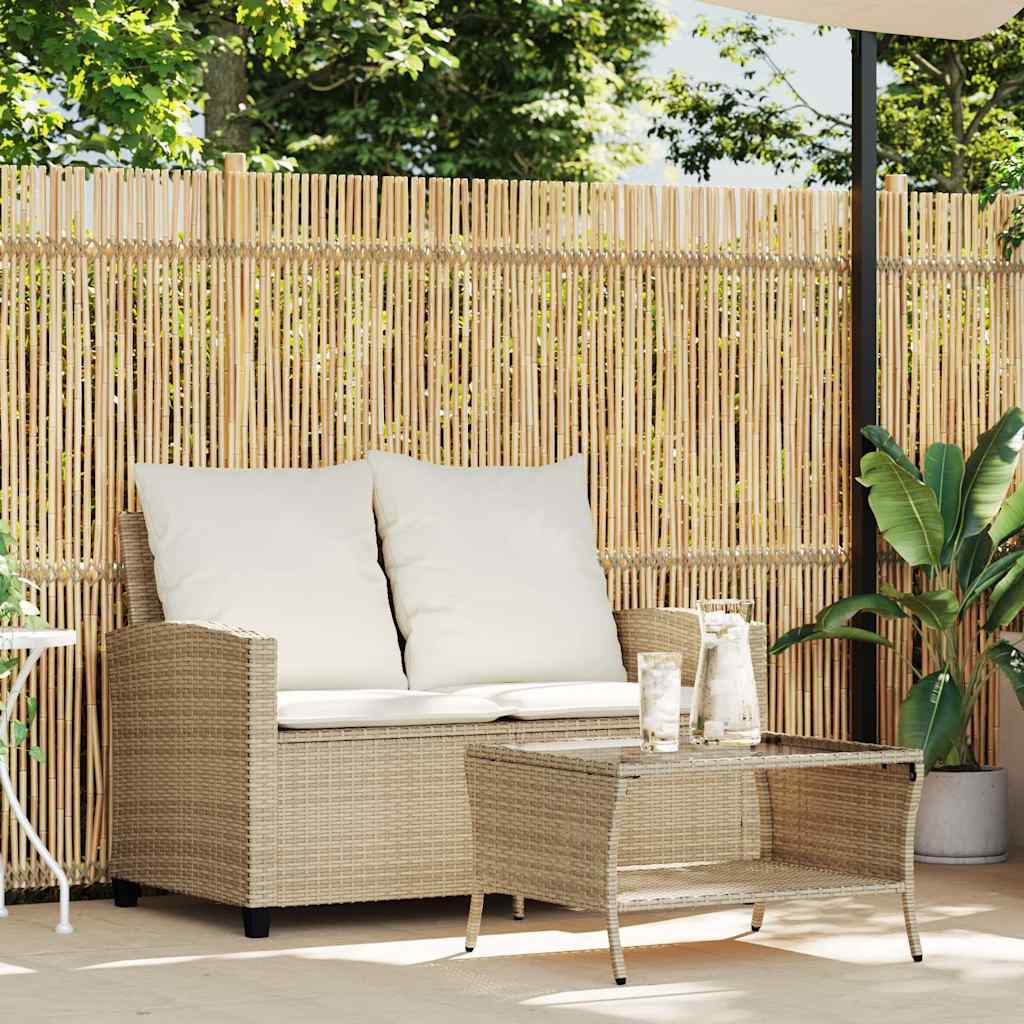 2-seater garden sofa with cushions & table beige poly rattan