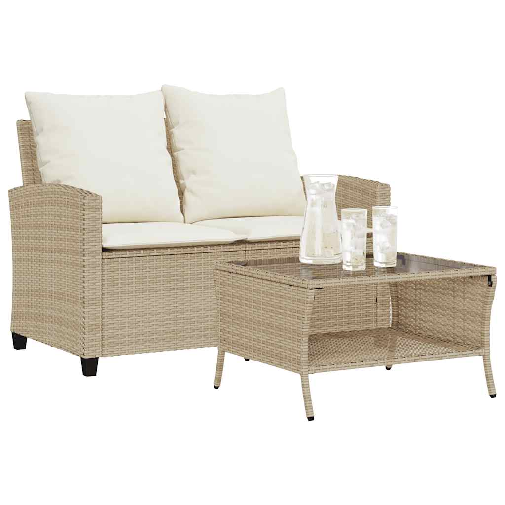 2-seater garden sofa with cushions & table beige poly rattan