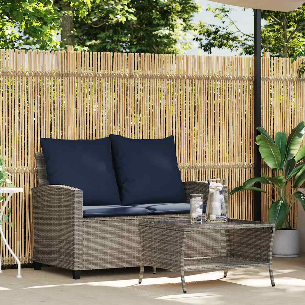 2-seater garden sofa with cushions & table grey poly rattan