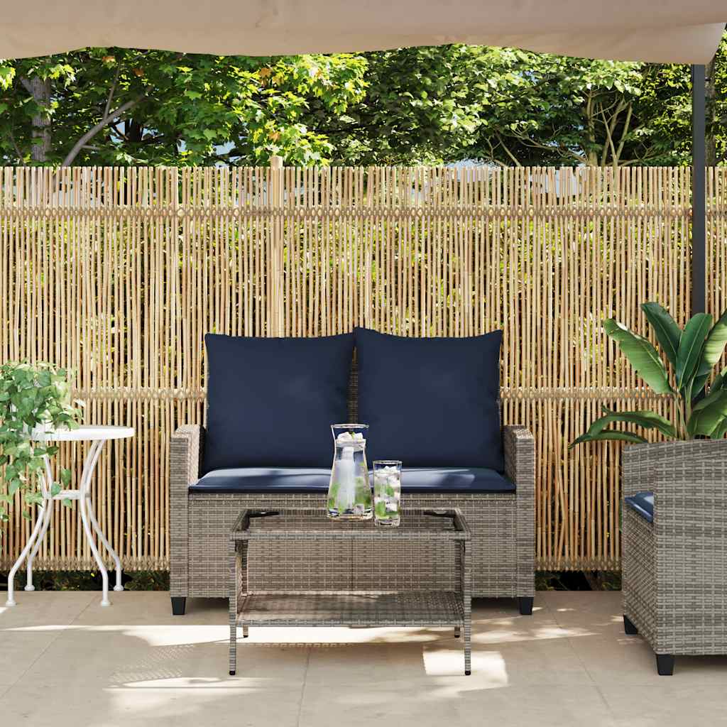 2-seater garden sofa with cushions & table grey poly rattan