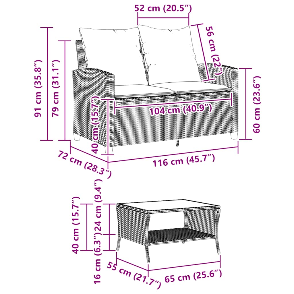 2-seater garden sofa with cushions & table grey poly rattan