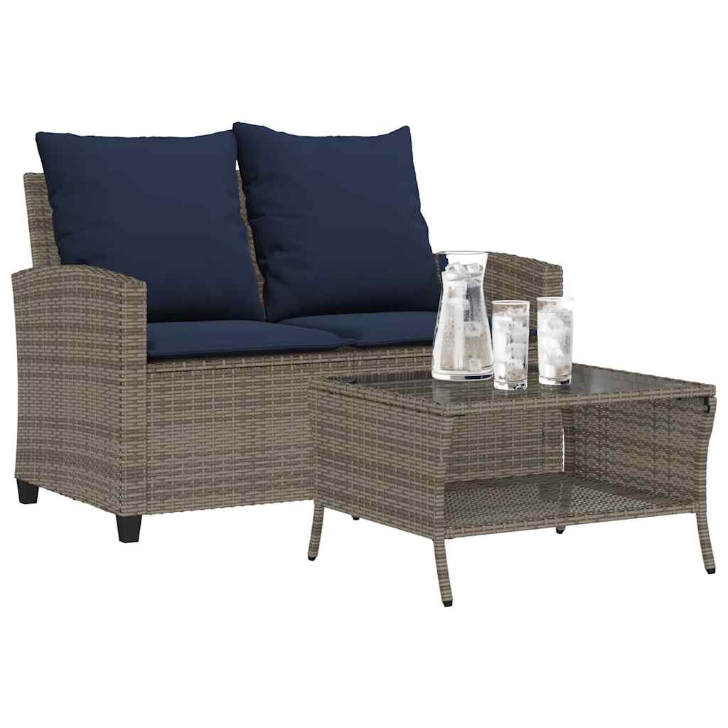 2-seater garden sofa with cushions & table grey poly rattan