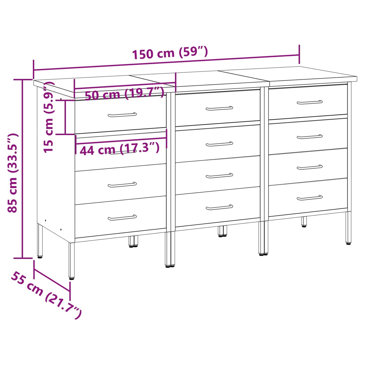 Werkbank mit Schubladen 3 stk. Rot und Grau 150 x 55 x 85 cm