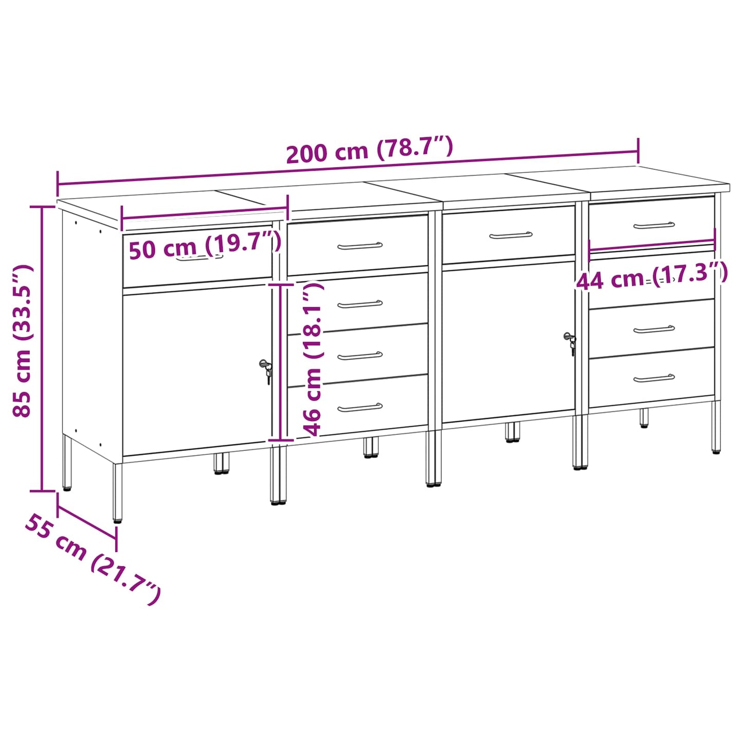 Werkbank mit Schubladen 4 Stk. Rot und Grau 200 x 55 x 85 cm