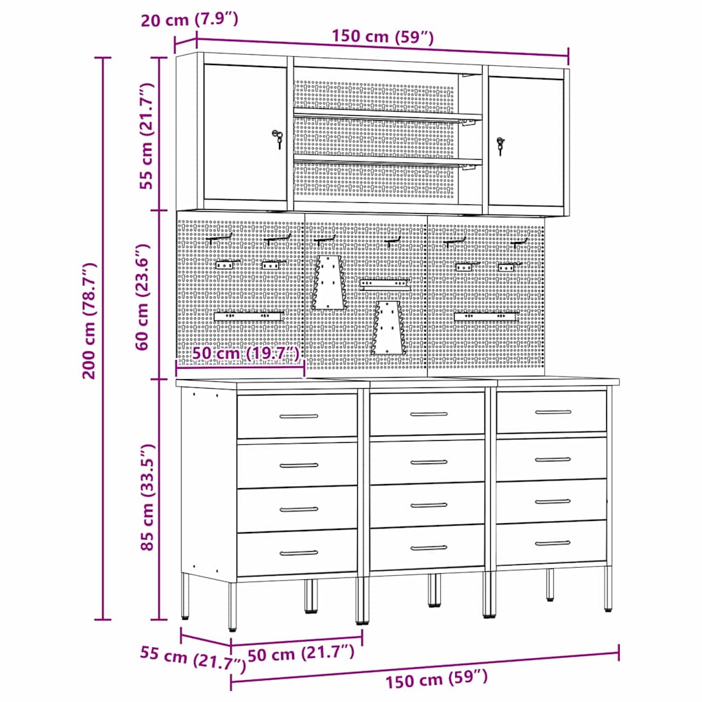 Werkbank mit Schubladen 7 stk. Rot Ingenieure Holz und Stahl