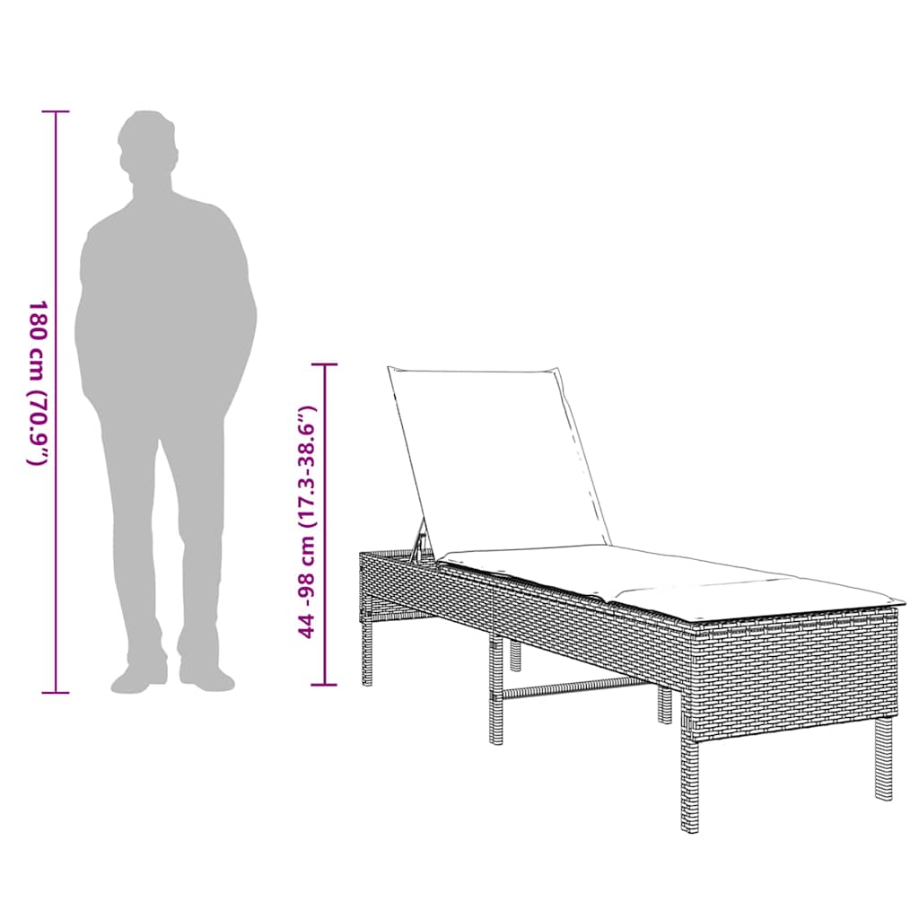 Chaise longue avec coussin gris 55x200x44 cm en résine tressée