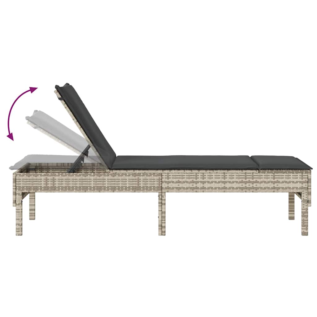 Chaise longue avec coussin gris clair 55x200x44 cm en résine tressée