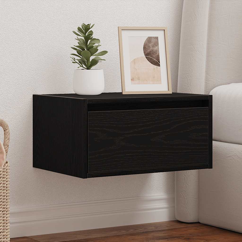 Wall-mounted bedside table with LED lights in black oak look