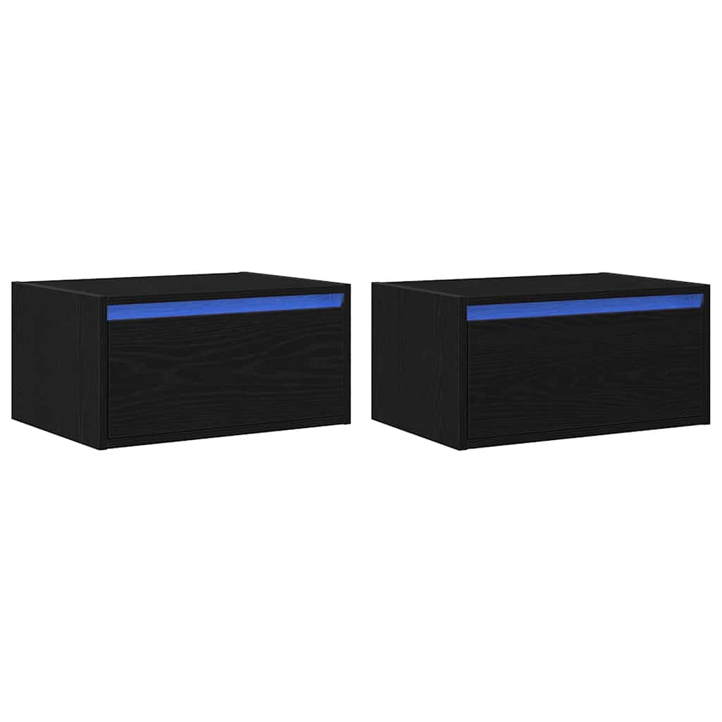 Wall-mounted bedside tables with LED lights, 2 pieces, black oak look