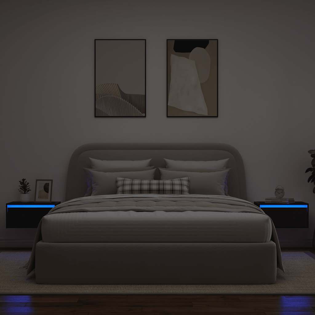 Wall-mounted bedside tables with LED lights, 2 pieces, black oak look