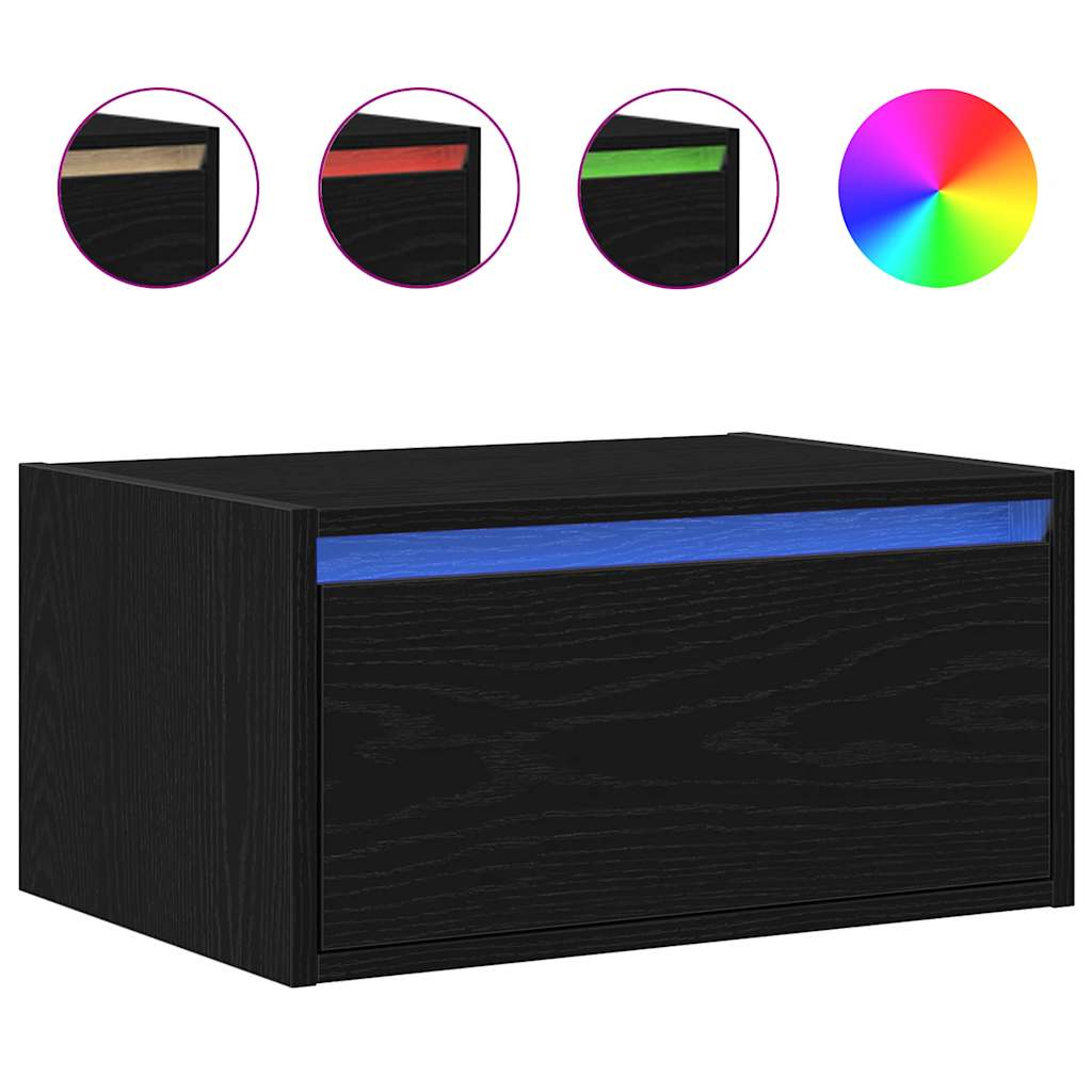 Wall-mounted bedside tables with LED lights, 2 pieces, black oak look