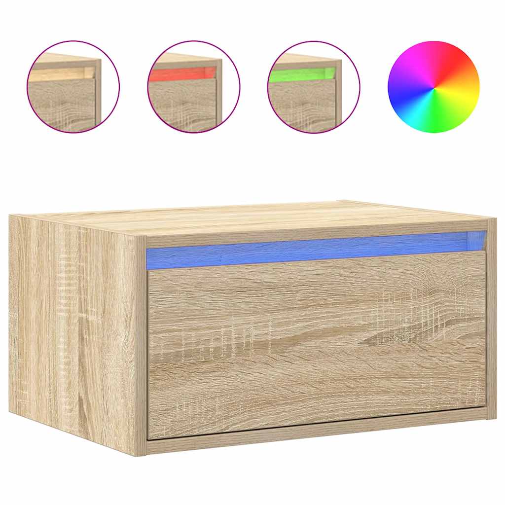 Wall-mounted bedside table with LED lights Sonoma oak